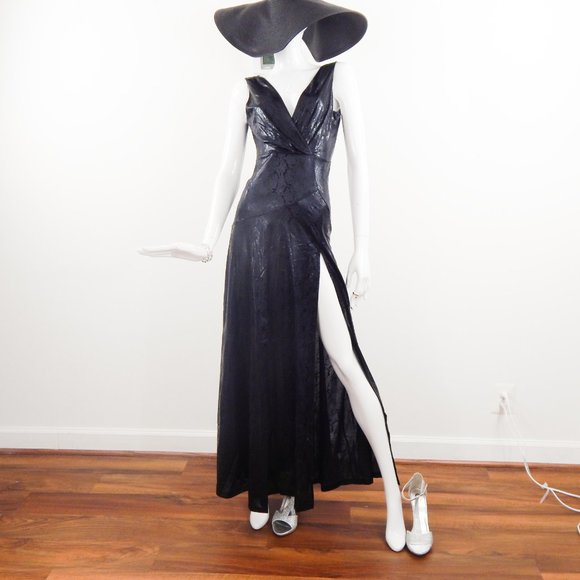 Maxi Dress Black ANIMAL SNAKE PRINT FOIL Sleeveless Slit V Neckline - Picture 7 of 9